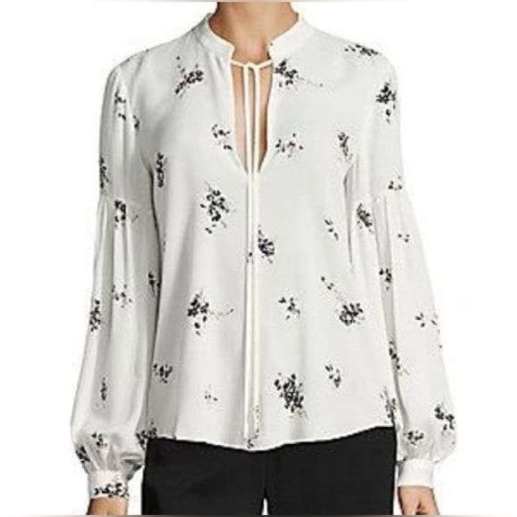 ⭐️ A.L.C. White Floral Print Silk Blouse Ty Lantern sleeve size 0 - Picture 3 of 10